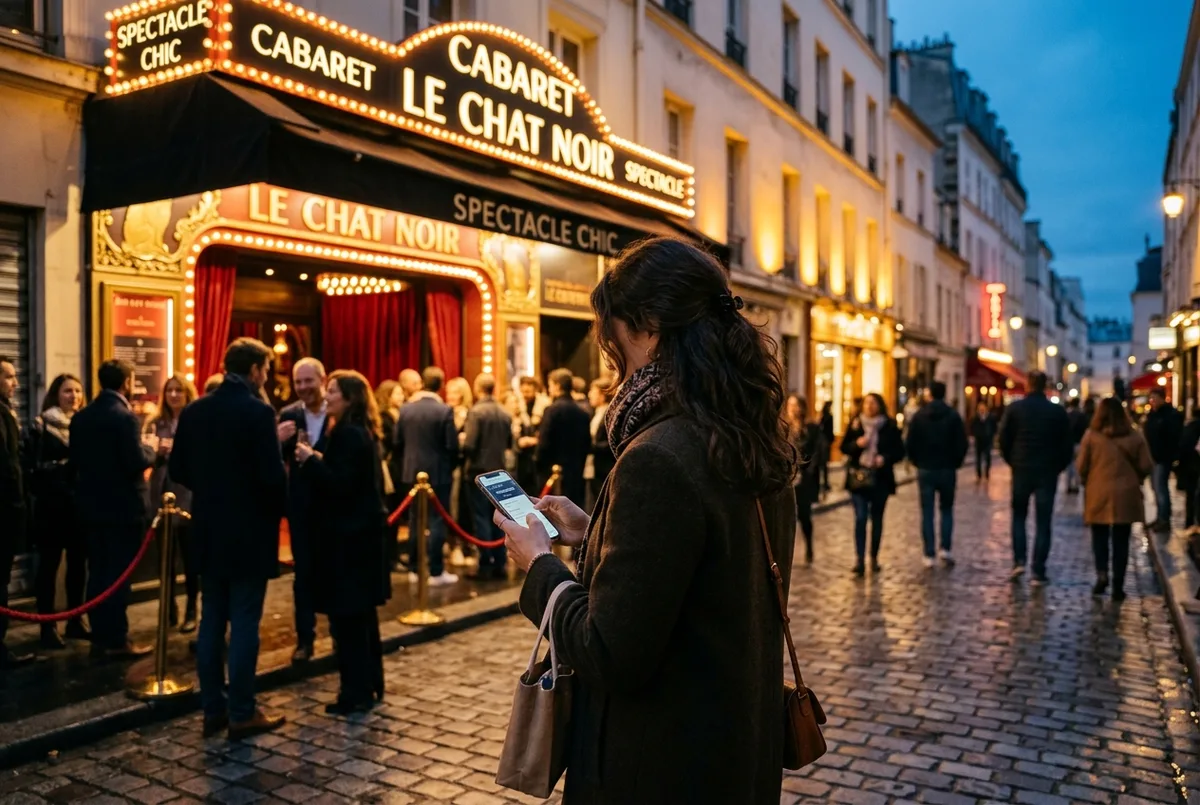 Traveler checking cabaret paris tickets booking confirmation on a phone outside an illuminated Montmartre cabaret entrance at dusk, warm marquee lights, elegant evening crowd