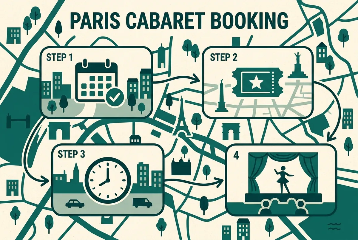 Infographie simple en style plat montrant une checklist de réservation de soirée cabaret avec des icônes génériques de calendrier, de tenue et de billet, sans prix ni nom de salle affiché, soirée cabaret paris étapes de préparation