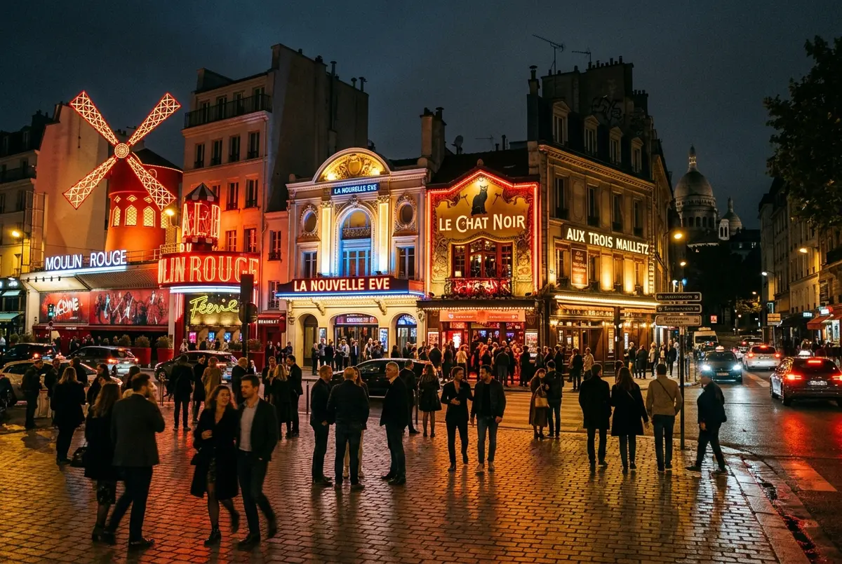 Row of four distinct Paris cabaret theater facades glowing at night along a boulevard, warm marquee lights, elegant evening crowd gathering, cabaret paris comparison street scene