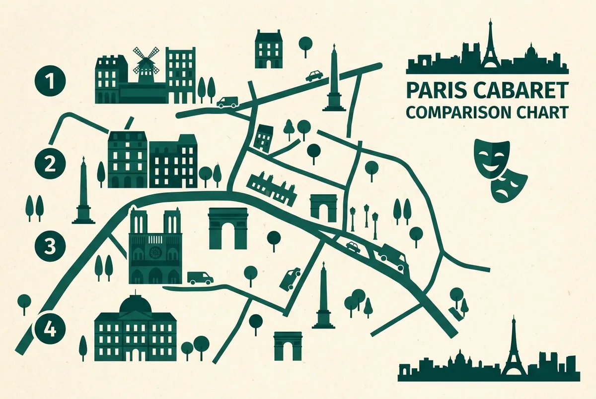 Simple flat-style infographic ranking four Paris cabaret venues in a numbered vertical list, generic theater mask icons and a Paris skyline silhouette, labeled only by rank number with no venue names, prices or statistics, cabaret paris ranking comparison chart