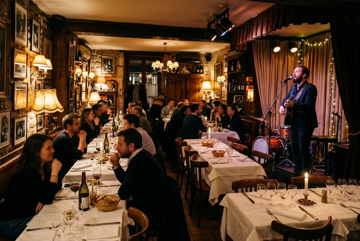 Salle de restaurant chaleureuse chez ma cousine à montmartre sur la place du tertre avec tables dressées et chanteur sur une petite scène le soir