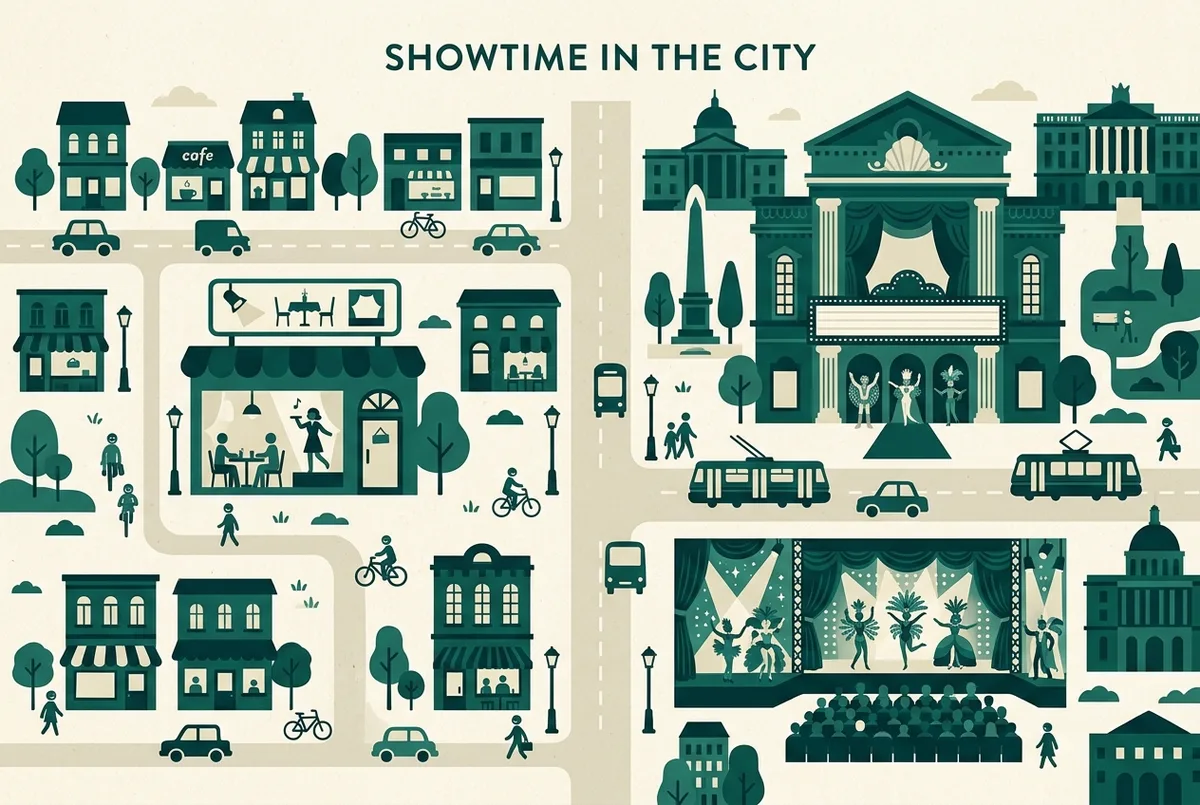 Infographie simple de style plat comparant une petite salle de dîner-spectacle de quartier et une grande salle de revue costumée avec des icônes génériques de tables et de scène, sans texte de prix