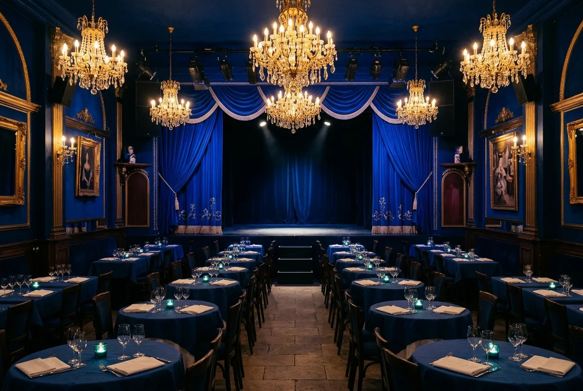 Décor de cabaret bleu nuit à montmartre paris avec rideaux de scène et lustres dorés, tables rondes vides dressées avant le service, ambiance feutrée de soirée, michou paris décor de salle