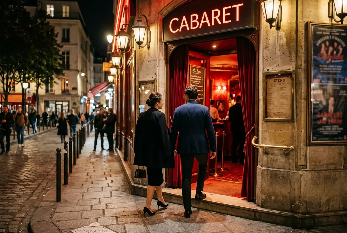 Well-dressed couple in smart evening attire walking into an intimate red-lit Paris cabaret entrance at night, elegant but not formal outfits, crazy horse paris dress code evening arrival