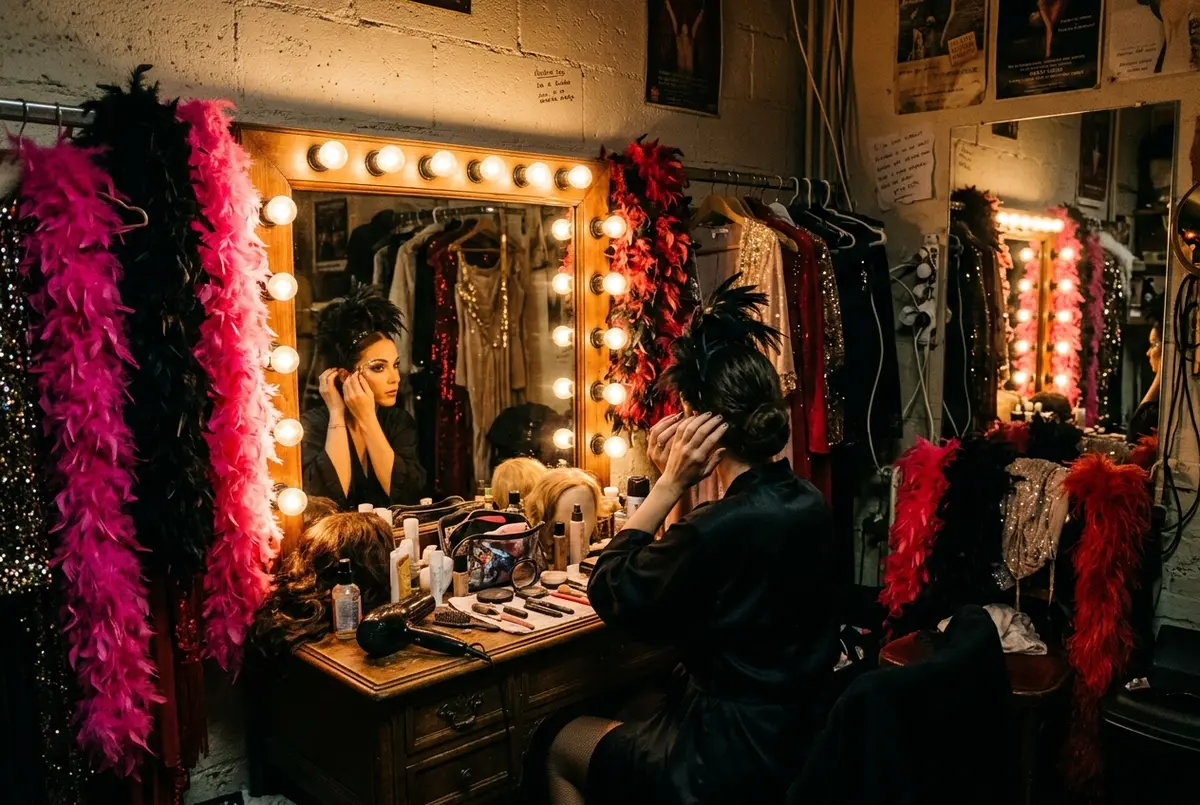 Backstage dressing room mirror lined with vintage bulbs and feather boas at an intimate Paris cabaret theater, warm dramatic lighting, crazy horse paris guest performer dressing room atmosphere