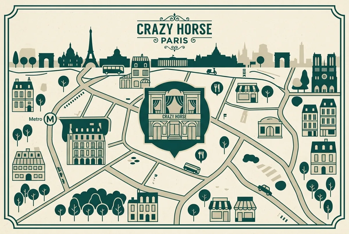 illustrated map of Paris highlights for Crazy Horse Paris Location: Address, Metro and Nearby, crazy horse paris avenue george v paris france