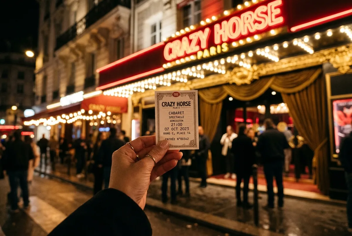 Billet de cabaret et petite addition posés sur une table ronde près de l'avenue George V à Paris, éclairage rouge tamisé, ambiance de réservation de soirée, tarif crazy horse aperçu de prix