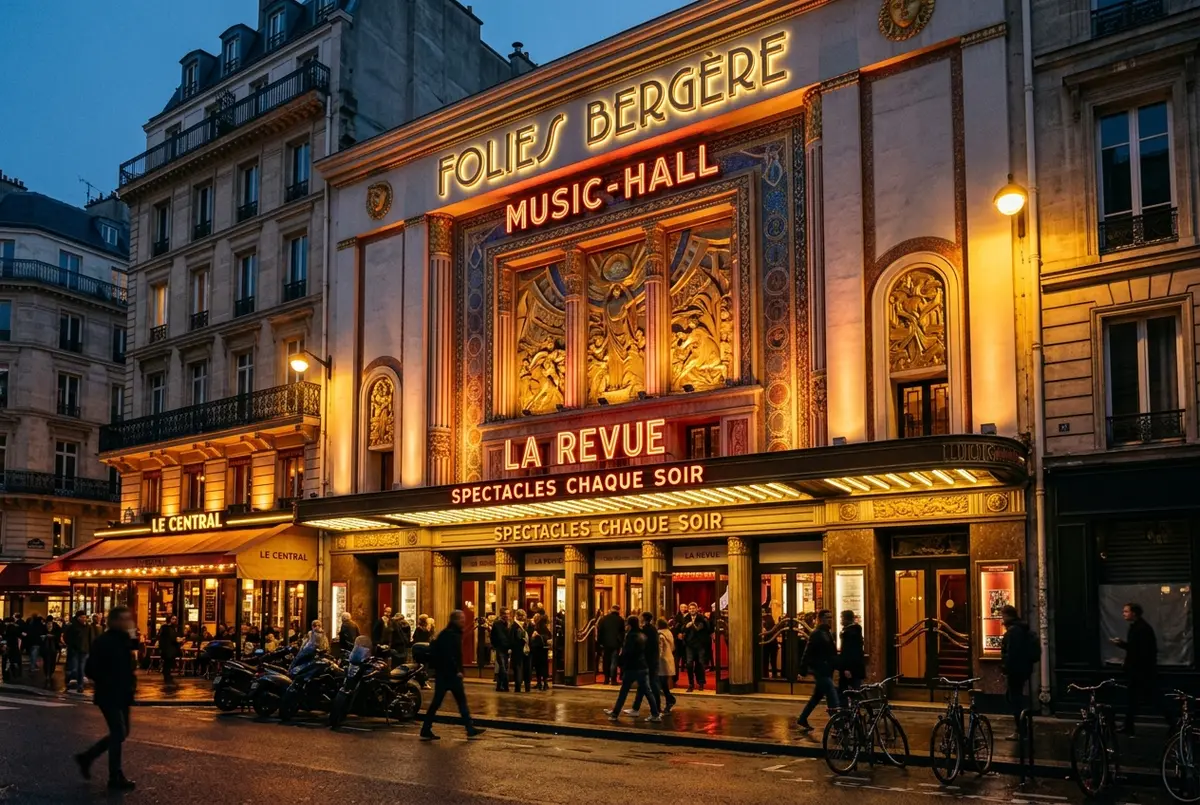 Façade art déco ornée des folies bergère paris dans le 9e arrondissement éclairée le soir, ambiance de salle de spectacle historique parisienne