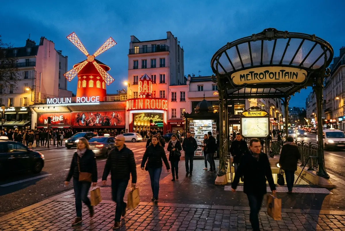 Vue de rue du boulevard de clichy à paris de nuit avec l'enseigne illuminée du moulin rouge au loin et l'entrée de la station de métro blanche au premier plan, ambiance urbaine parisienne du 18e arrondissement