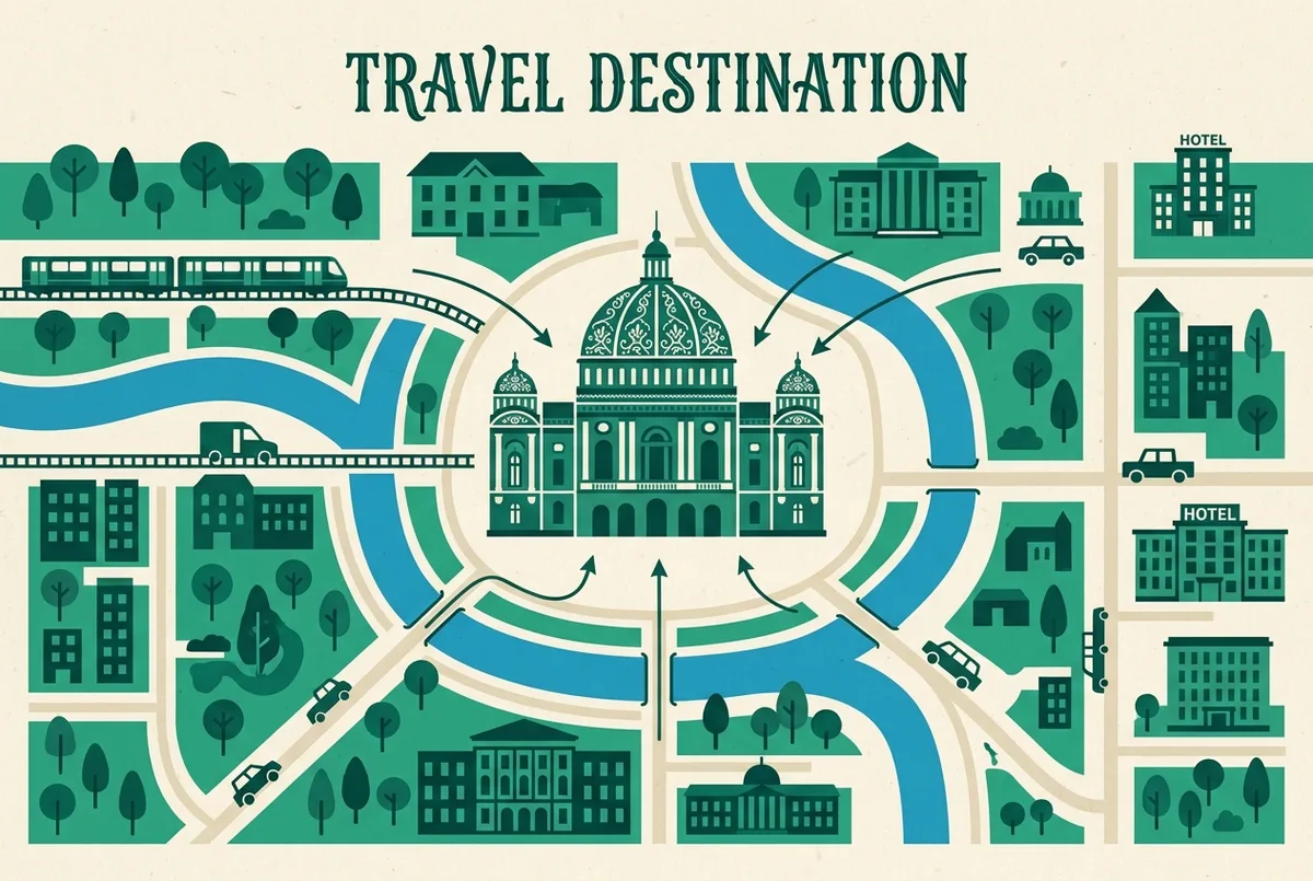 Carte simplifiée de style infographique montrant une station de métro générique, une place principale et une façade de cabaret à distance de marche courte, icônes plates de métro et de piéton, sans adresse ni texte précis, plan d'accès moulin rouge boulevard de clichy