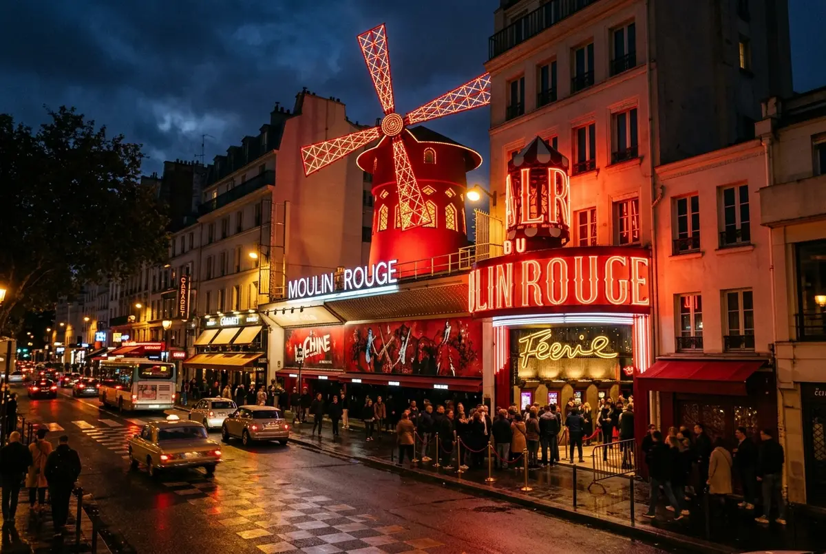 Entradas Moulin Rouge: la fachada del molino rojo iluminada de noche en Montmartre, París