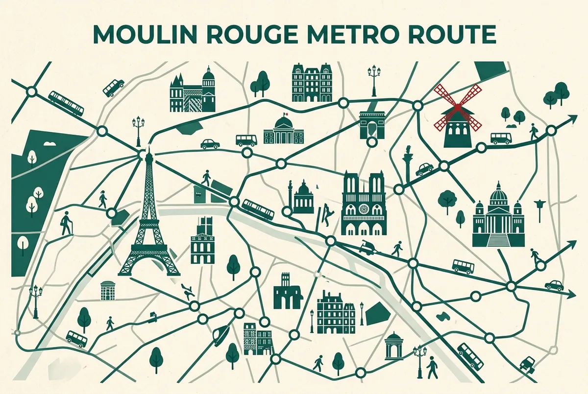 Mapa de cómo llegar al Moulin Rouge desde el centro de París en metro, para quienes comparan entradas Moulin Rouge