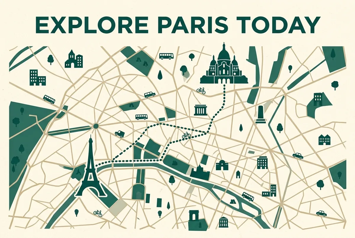 Simple flat-style illustrated map of central Paris showing a Montmartre hilltop icon and an Eiffel Tower icon connected by a dotted transit line, generic labels only, no real schedule or distances in the image text, montmartre paris location map illustration