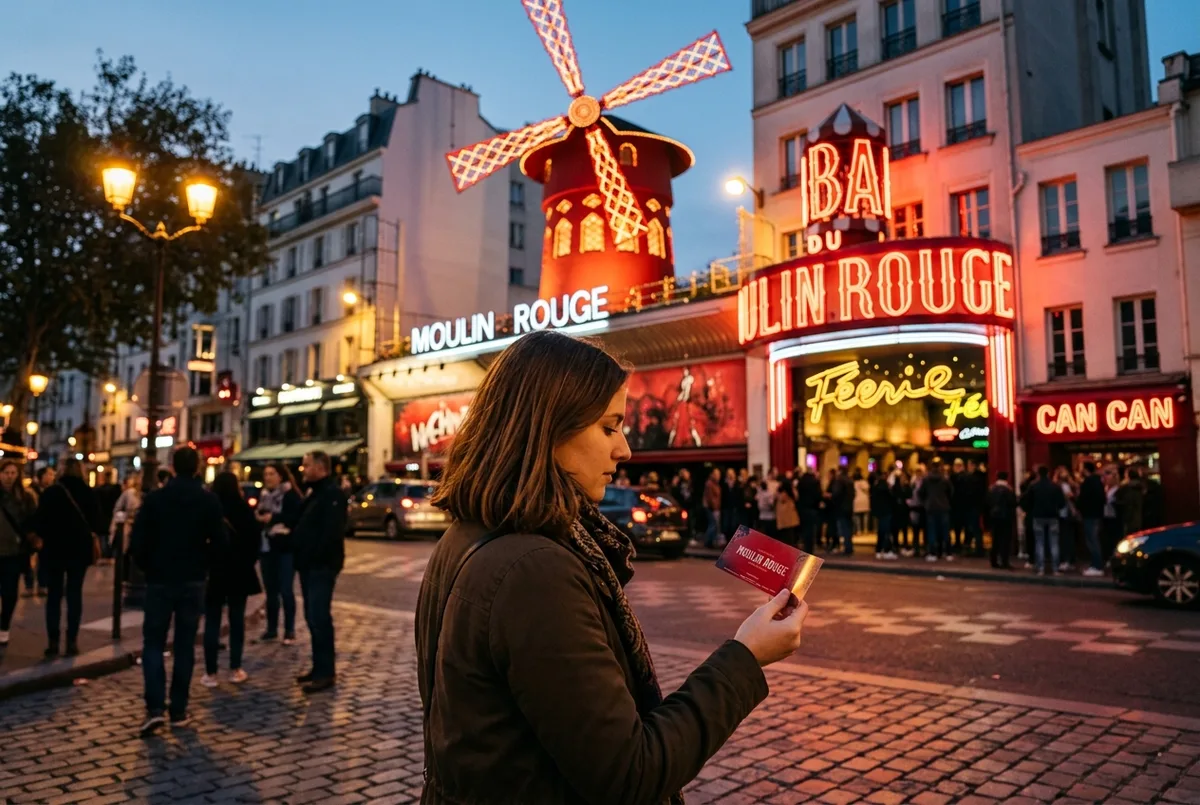 Visitante com bilhete na mão observando pensativo o moinho de vento iluminado do Moulin Rouge ao anoitecer, expressão reflexiva, luzes quentes de Montmartre, vale a pena moulin rouge momento de decisão