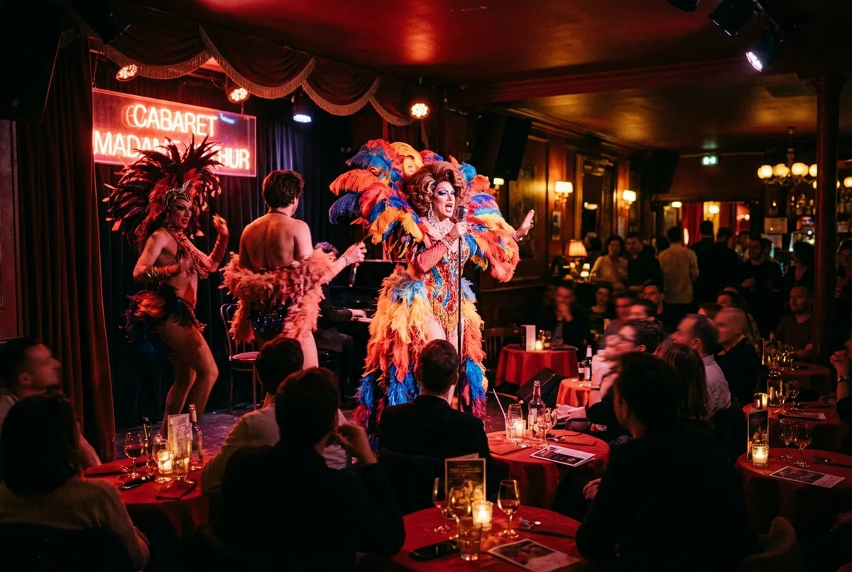 Petite scène de cabaret intimiste à Pigalle Paris avec artistes drag en costumes à plumes colorés sous un éclairage rouge tamisé, public attablé tout proche, madame arthur paris ambiance de soirée
