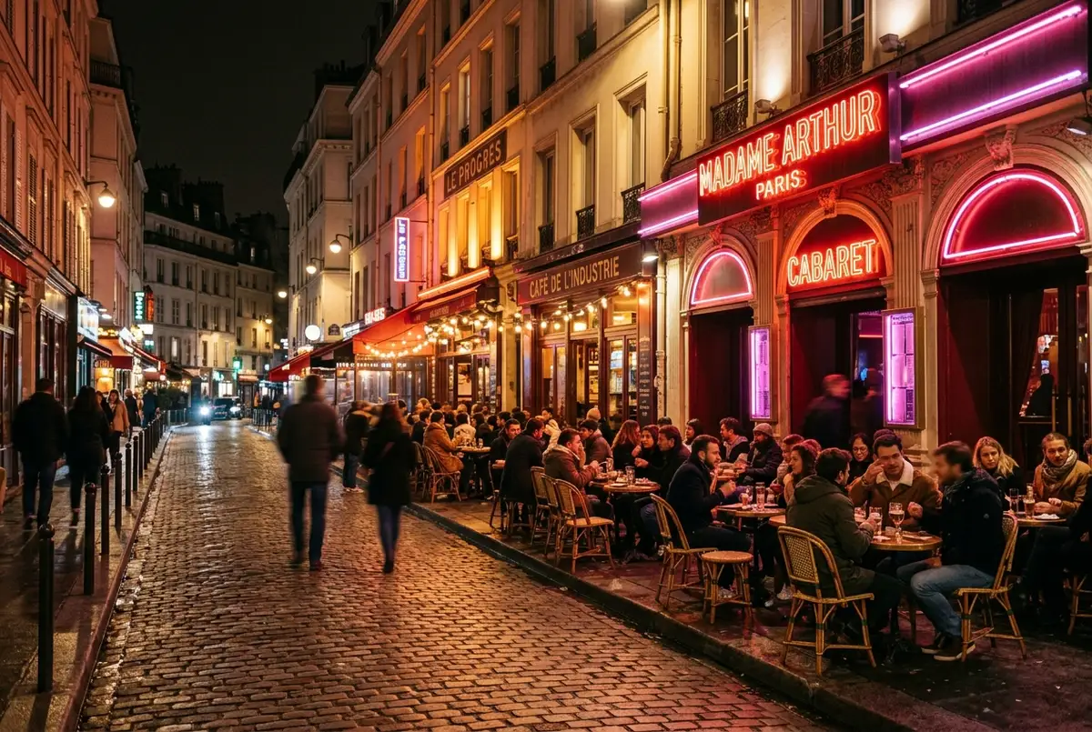 Rue des Martyrs à Pigalle Paris de nuit avec façades de cabarets éclairées en néon rouge et rose, passants attablés en terrasse, ambiance chaleureuse de quartier le soir, madame arthur paris atmosphère de pigalle