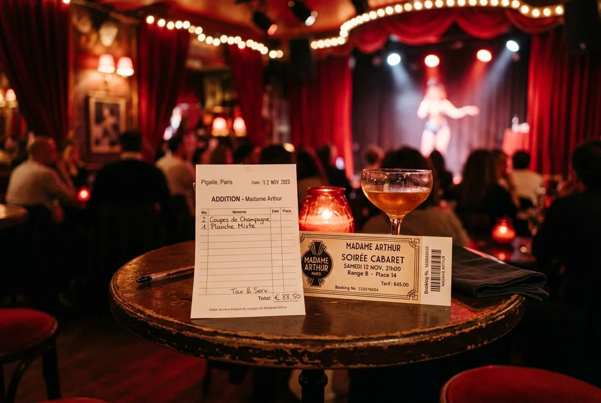 Addition et billet de cabaret posés sur une petite table ronde dans une salle de pigalle paris éclairée en rouge tamisé, ambiance de réservation de soirée, madame arthur tarifs aperçu de prix
