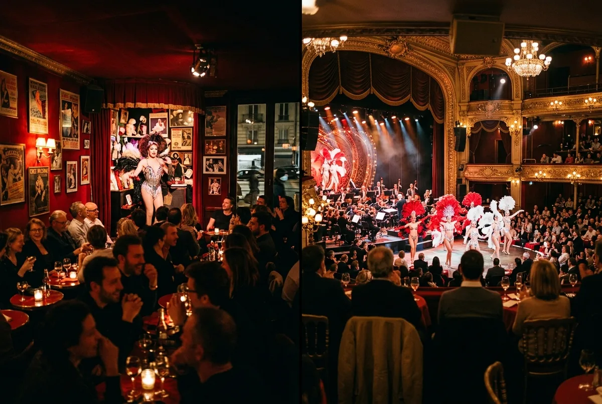 Deux ambiances de cabaret parisien côte à côte en une seule scène, à gauche une petite salle intimiste rouge de pigalle, à droite une grande salle de cabaret avec orchestre et costumes à plumes, madame arthur ou moulin rouge comparaison
