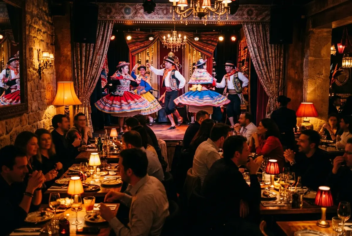 Salle de restaurant-cabaret latino-péruvienne à paris avec danseurs en costumes colorés et éclairage chaud façon club, ambiance manko paris en soirée