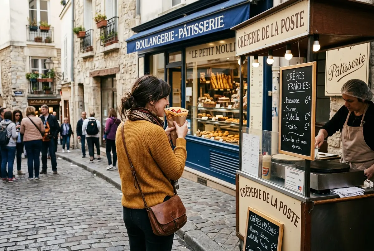 Traveler sampling a fresh crepe from a street stand on a cobbled Montmartre side street in Paris at midday, a pastry shop window visible behind, montmartre food tour scene