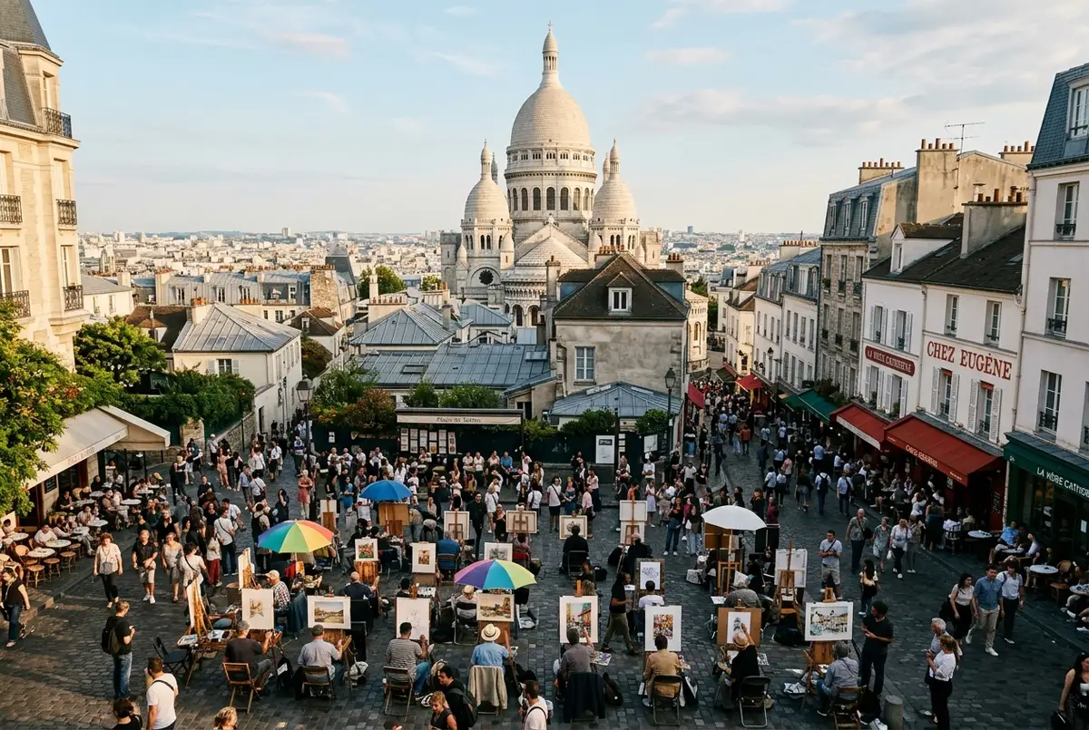 Place du tertre à montmartre paris avec artistes peintres installés à leur chevalet et touristes se promenant entre les tables, ambiance que voir à montmartre en journée