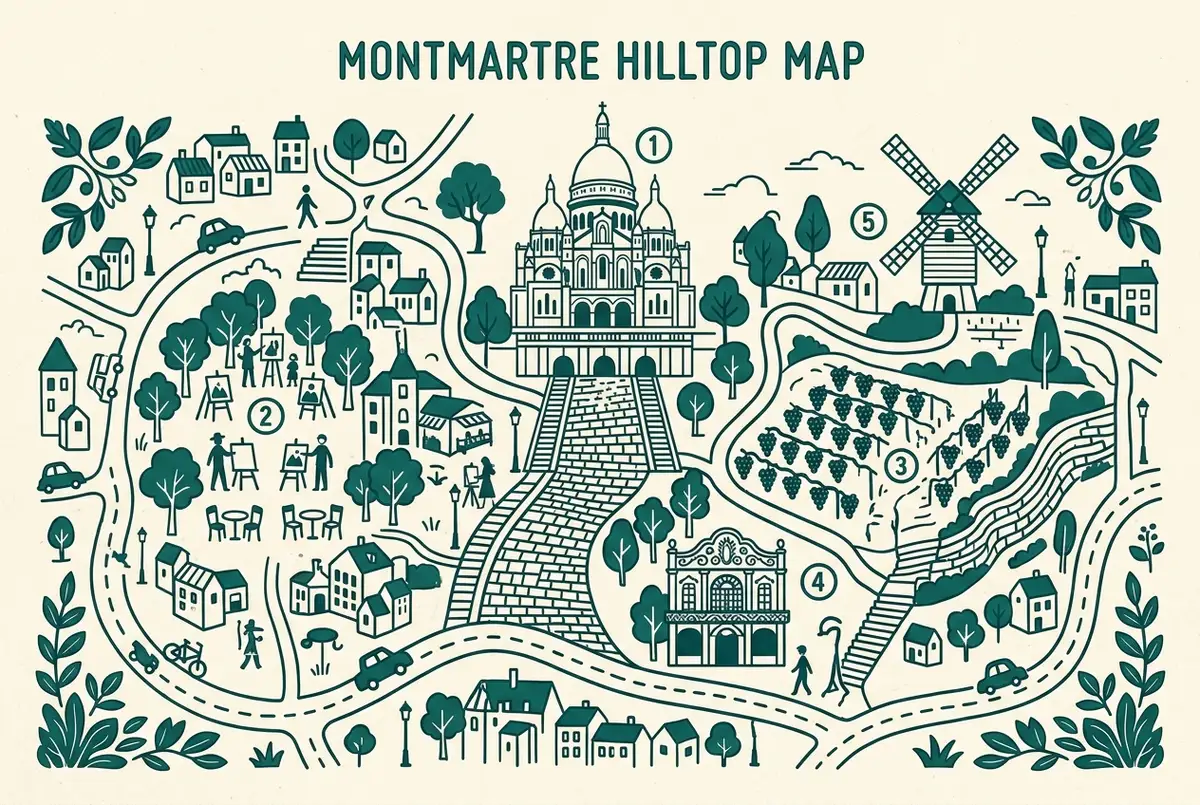Infographie simple de style plat avec des icônes génériques pour une basilique, un chevalet de peintre, une grappe de raisin et une enseigne de cabaret, représentant les incontournables d'un quartier, sans texte de prix