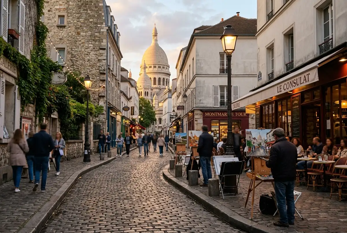 Sacré-Cœur bazilikasının merdivenlerinden gün batımında paris çatılarının manzarası, merdivenlerde oturan turistler, günün sonunda montmartre turu atmosferi