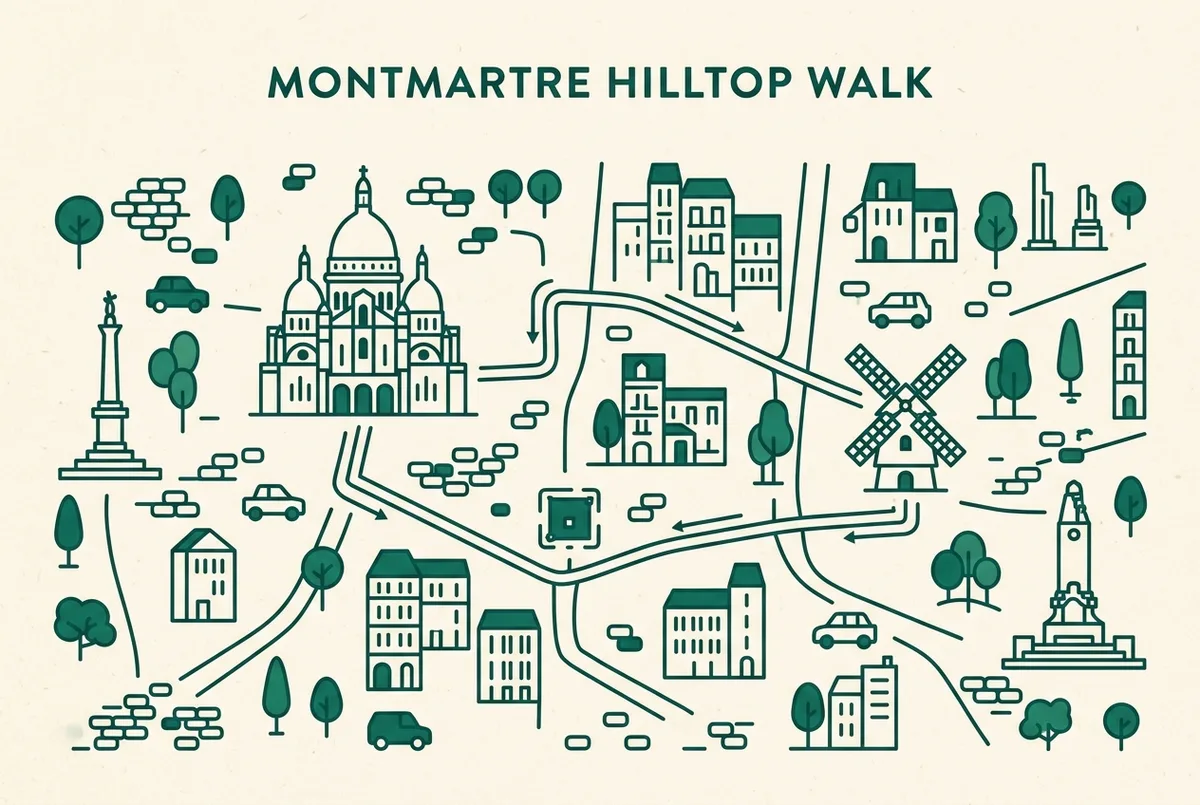 Montmartre tepesinden Place Blanche ve Moulin Rouge'a inen kısa yürüyüş rotasını gösteren basit harita tarzı infografik, Sacré-Cœur ve yel değirmeni ikonlarıyla, fiyat veya sayı yok, montmartre turu ve moulin rouge rota görseli