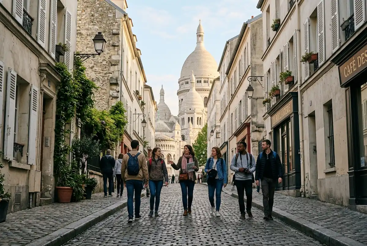 Casal caminhando por uma rua de pedras em Montmartre com um mapa aberto nas mãos, fachadas antigas e lojinhas típicas ao redor, luz suave de tarde, passeio a pé montmartre roteiro autoguiado