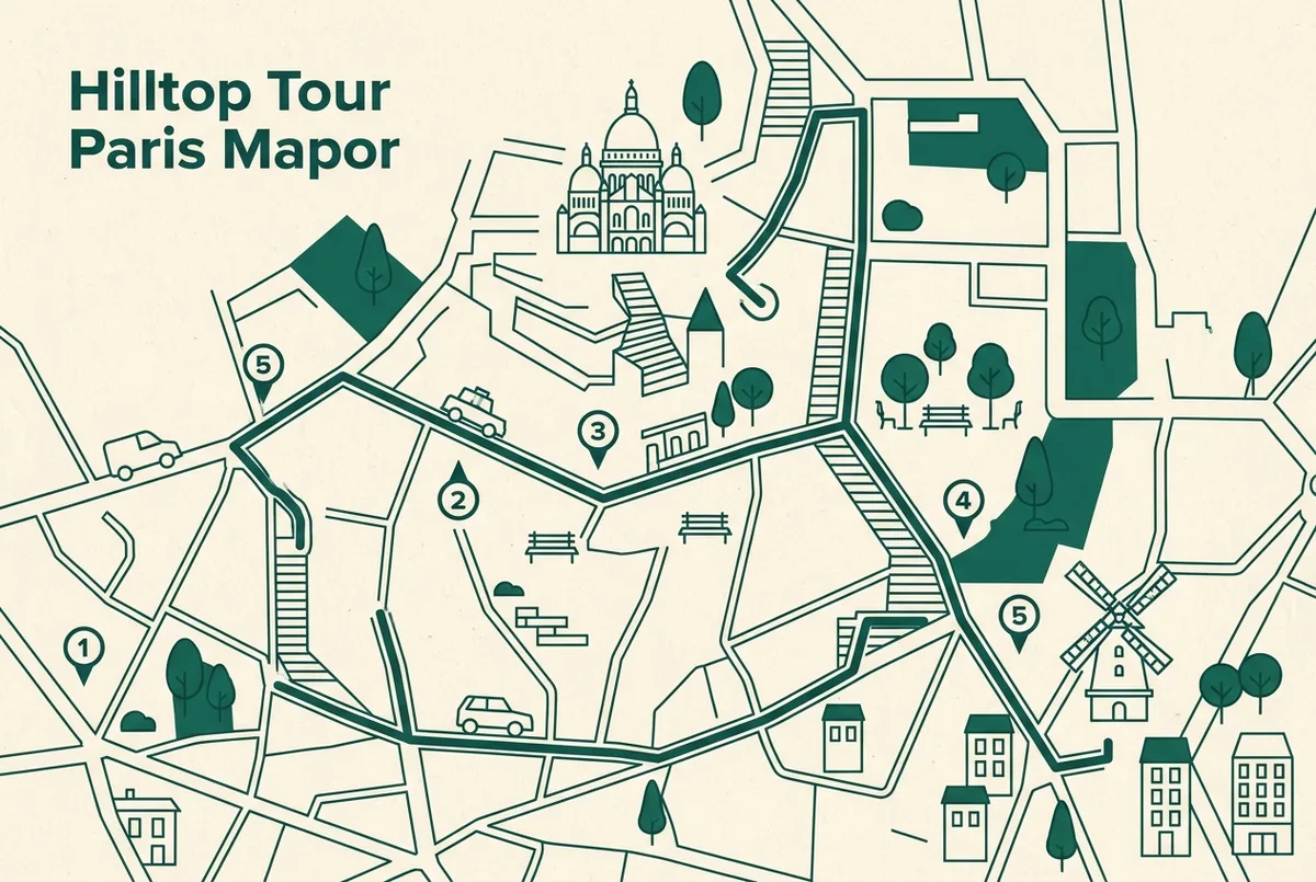 Mapa simples estilo infográfico de uma rota a pé sugerida por Montmartre, com pinos genéricos marcando o início no topo da colina, a Place du Tertre e o fim perto do Moulin Rouge ao anoitecer, sem texto de preço, passeio a pé montmartre mapa do roteiro