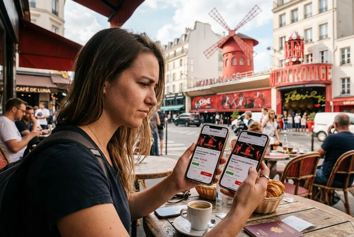 Voyageur comparant deux annonces de billets moulin rouge sur son téléphone à une table de café parisienne, expression dubitative, billet moulin rouge pas cher comparaison d'offres