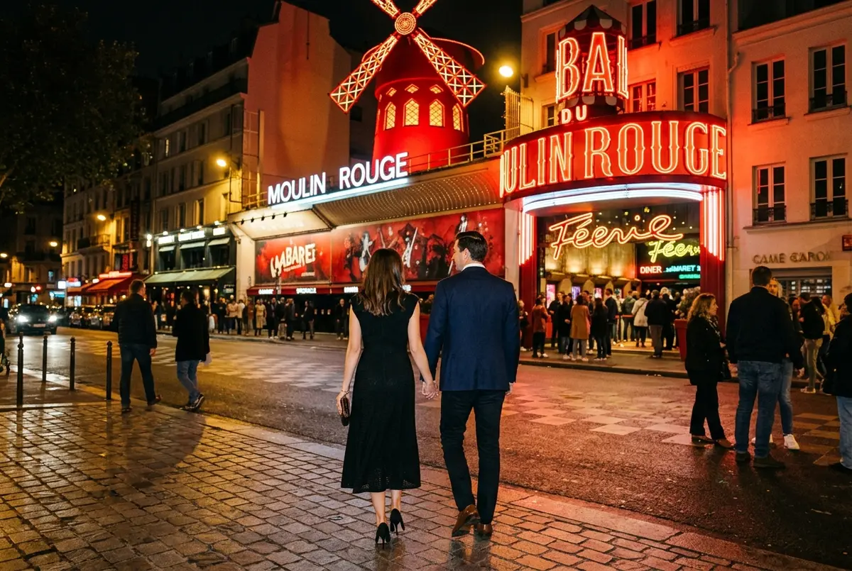 Gut gekleidetes Paar in eleganter Abendkleidung geht auf den Eingang des Moulin Rouge in Paris bei Nacht zu, warmes Markisenlicht, moulin rouge dresscode abendoutfit