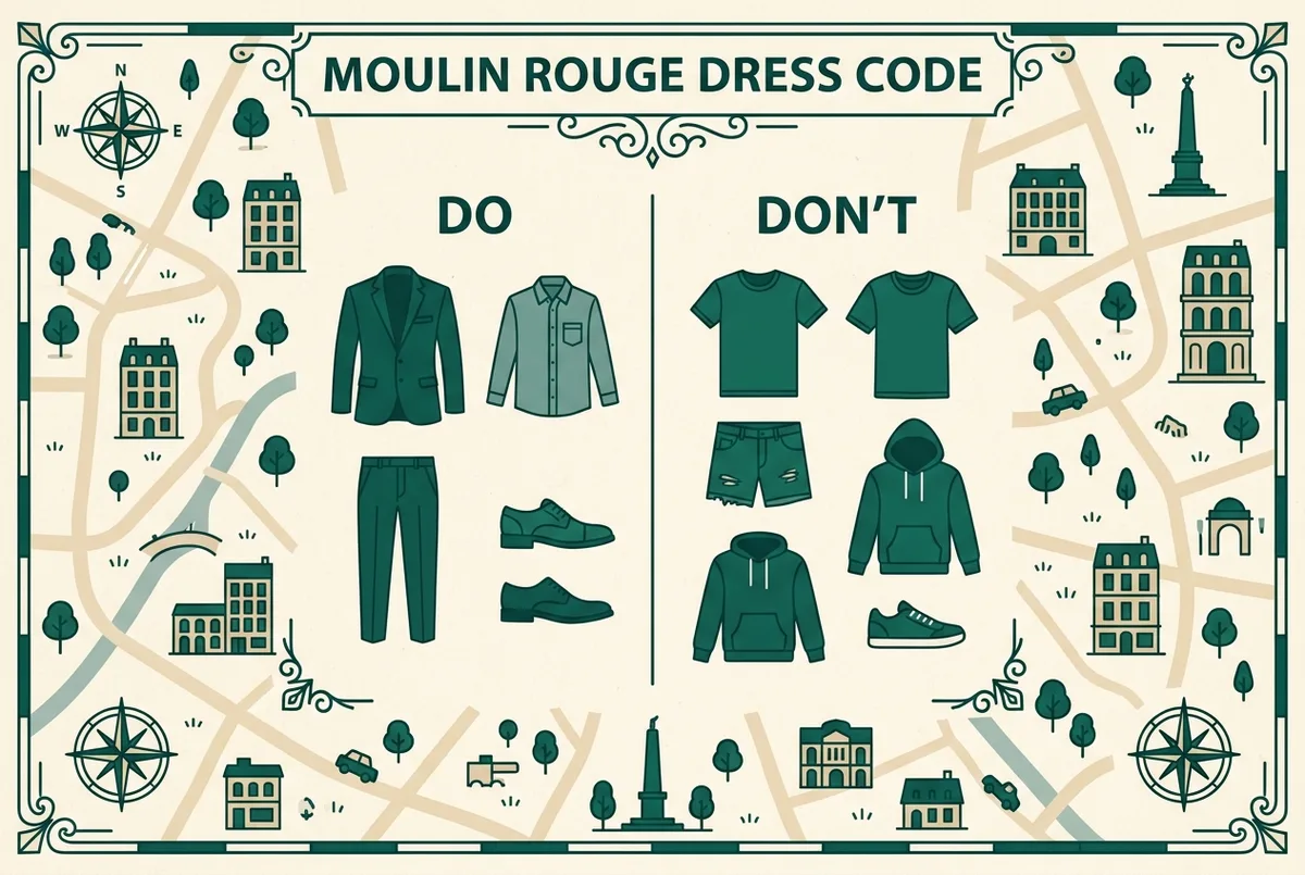 Einfache, flach gestaltete Infografik mit zwei Spalten, erlaubt und nicht erlaubt, mit generischen Kleidungs-Icons für Smart-Casual gegenüber Shorts und Sneaker, keine Texte außer Beschriftungen, moulin rouge dresscode leitfaden