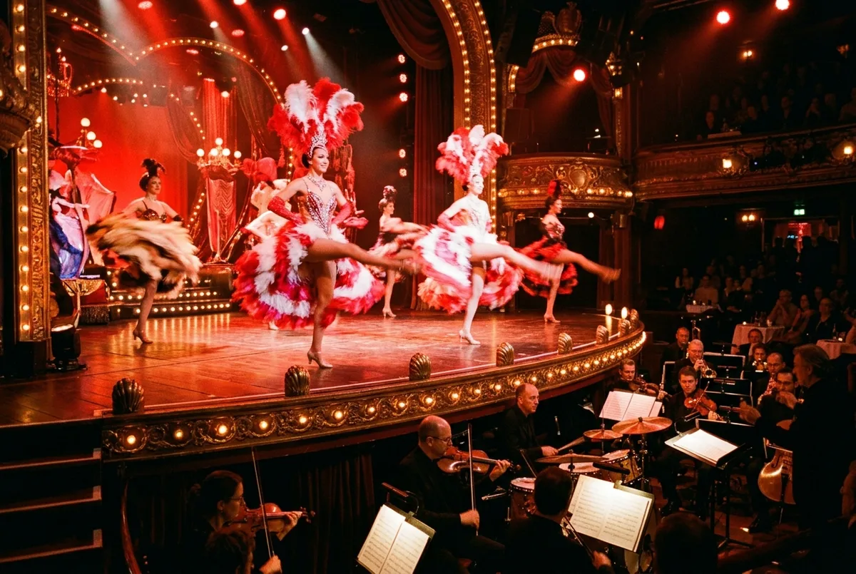 Tänzerinnen in Federkostümen mitten in der Choreografie unter rotem Bühnenlicht im Moulin Rouge in Paris, Live-Orchester unterhalb der Bühne sichtbar, moulin rouge show programm szene