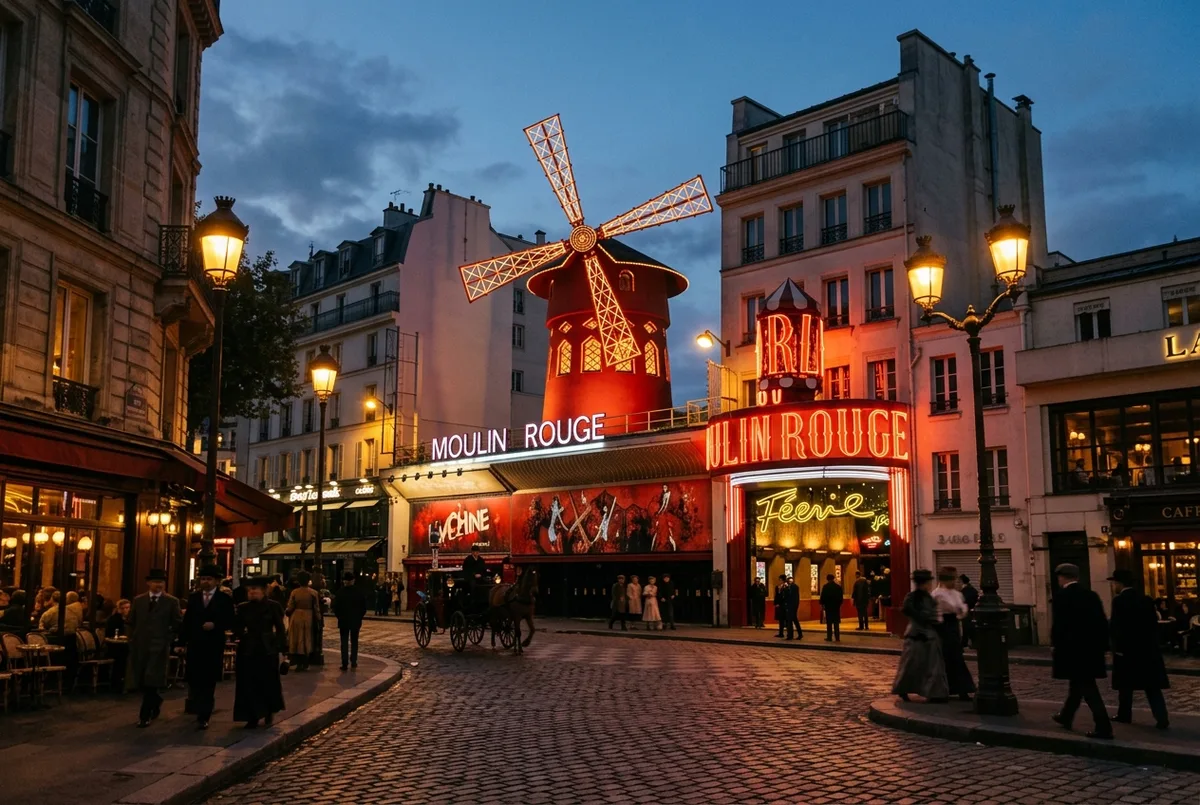 Historisch anmutende Szene der roten Windmühlenfassade des Moulin Rouge in Montmartre Paris im Abendlicht, Belle-Epoque-Stimmung mit warmen Gaslaternen, moulin rouge paris geschichte fassade bei nacht