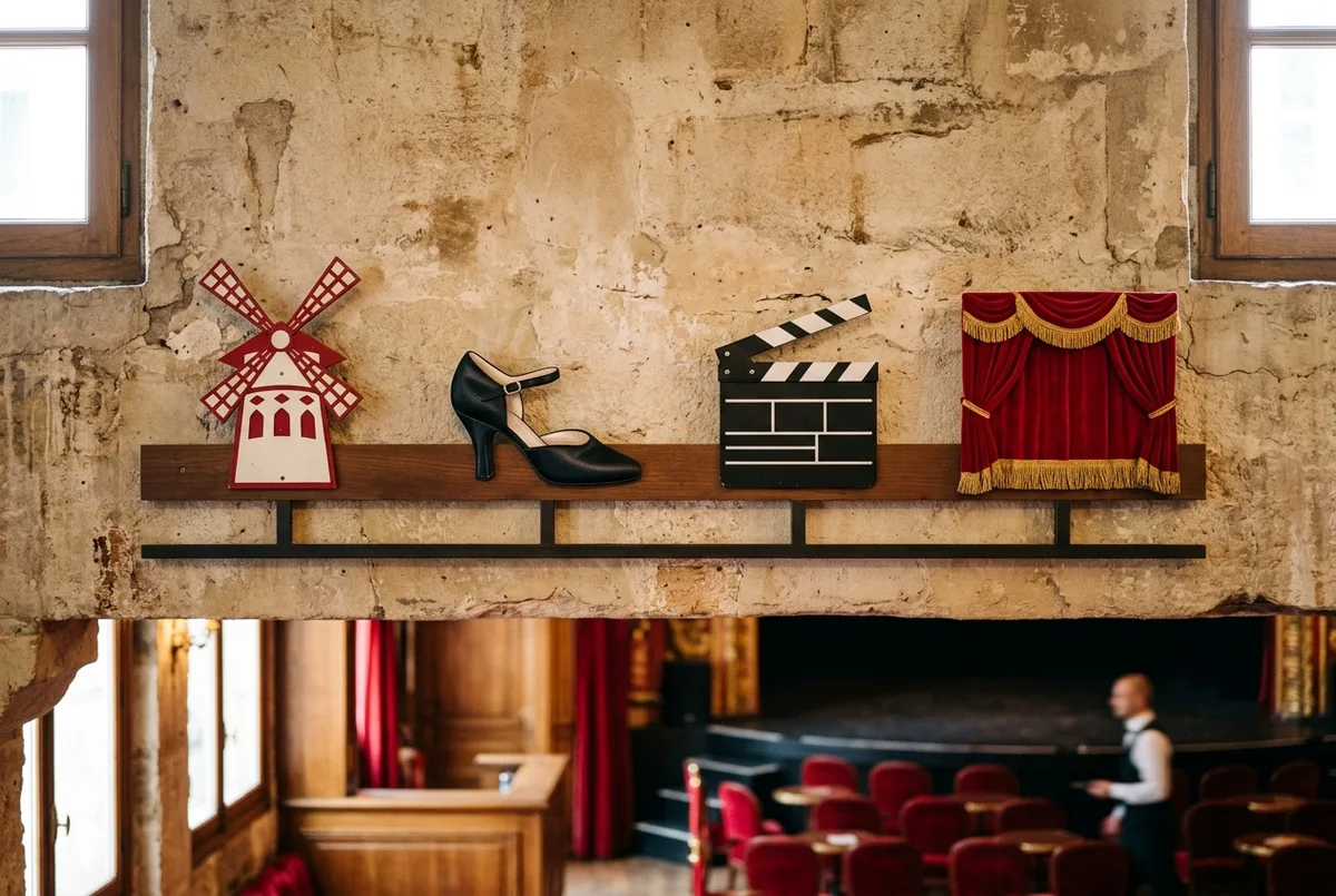 Einfache, flach gestaltete Zeitleiste mit vier generischen Meilenstein-Symbolen, Mühle, Tanzschuh, Filmklappe und Vorhang, ohne Jahreszahlen oder Text, moulin rouge paris geschichte zeitleiste konzept