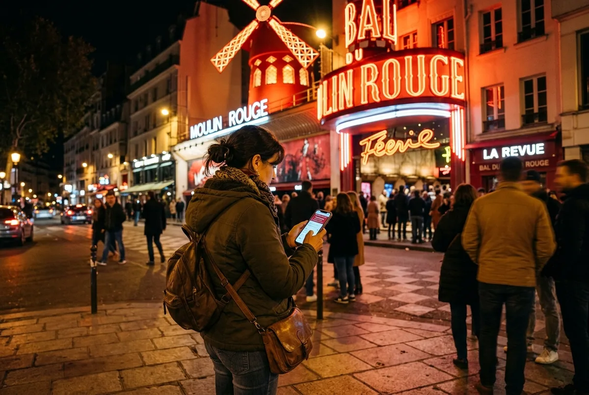 Reisender prüft am Handy die Verfügbarkeit für Moulin Rouge Tickets last minute vor dem beleuchteten Eingang in Paris bei Nacht