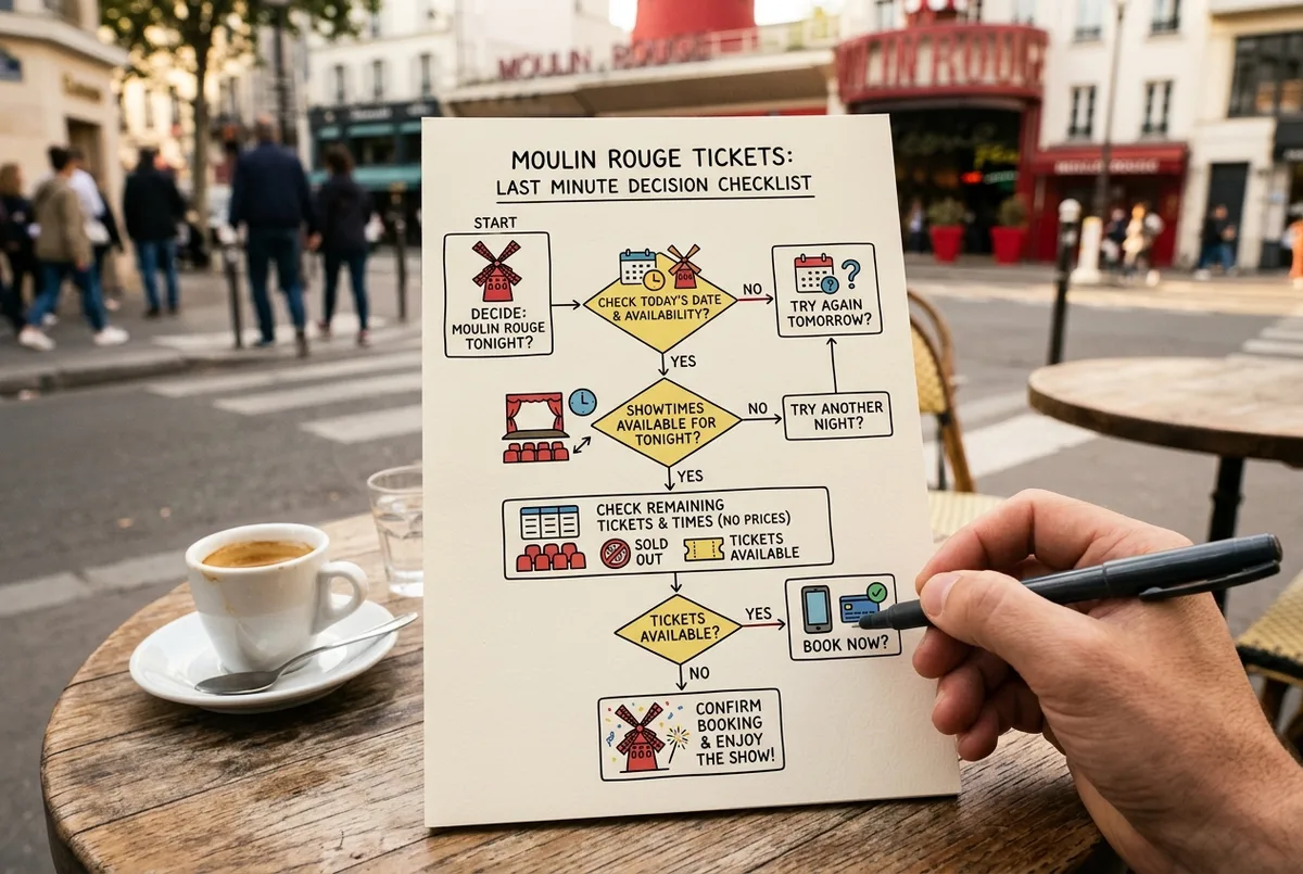 Einfaches Flussdiagramm mit generischen Icons für heutiges Datum prüfen, Showverfügbarkeit prüfen und Buchung bestätigen, ohne reale Preise oder Uhrzeiten, moulin rouge tickets last minute entscheidungshilfe