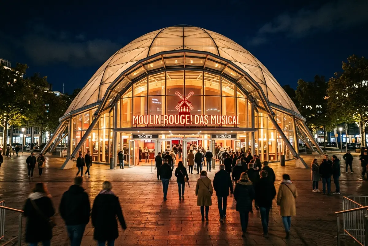 Beleuchtete Fassade des Musical Dome in Köln bei Nacht mit Besuchern vor dem Eingang, moderne Theaterarchitektur, moulin rouge musical köln tickets eingangsszene