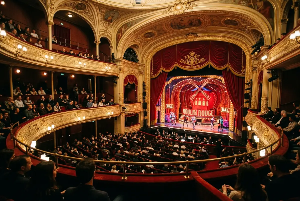 Besucher kaufen Theaterkarten am Vorverkaufsschalter vor dem Musical Dome in Köln bei Abenddämmerung, moderne Theaterarchitektur im Hintergrund, eventim moulin rouge ticketkauf szene