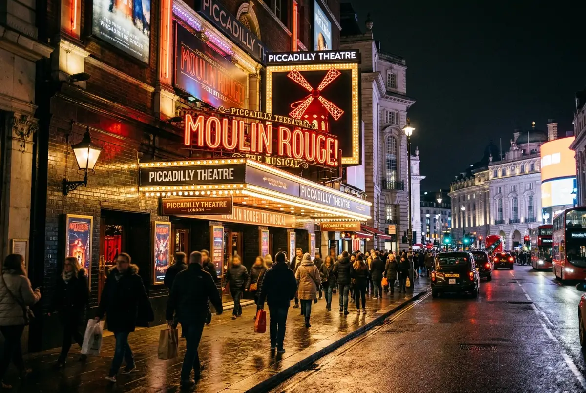 Beleuchtete Theaterfassade im Londoner West End bei Nacht mit Passanten unter warmen Lichtern, moulin rouge tickets london abendstimmung