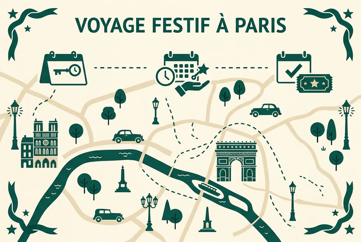 Infographie simple en ligne temporelle montrant trois étapes génériques pour réserver le réveillon au moulin rouge, ouverture des dates, réservation anticipée, confirmation finale, icônes plates de calendrier, sans prix ni chiffres