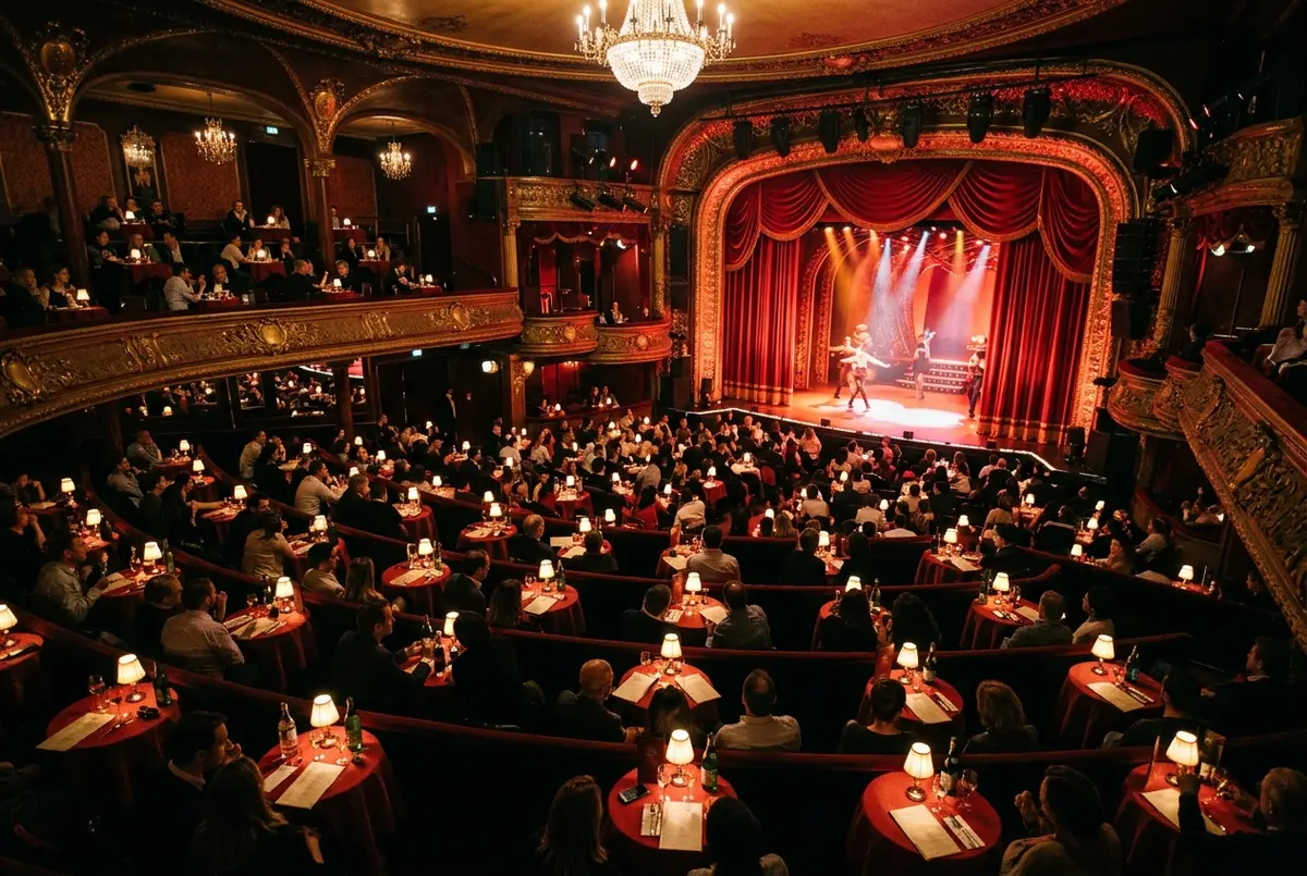 Kleine runde Cabaret-Tische in gestuften Reihen vor einer rot beleuchteten Bühne im Moulin Rouge in Paris, warmes Bühnenlicht, moulin rouge sitzplan tischanordnung