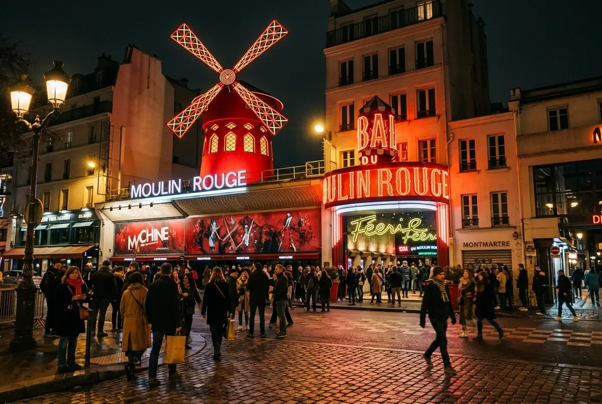 Fachada iluminada do moinho de vento vermelho do Moulin Rouge à noite em Montmartre Paris, turistas reunidos sob as luzes da marquise, atmosfera calorosa de cabaré, espetáculo moulin rouge cena noturna