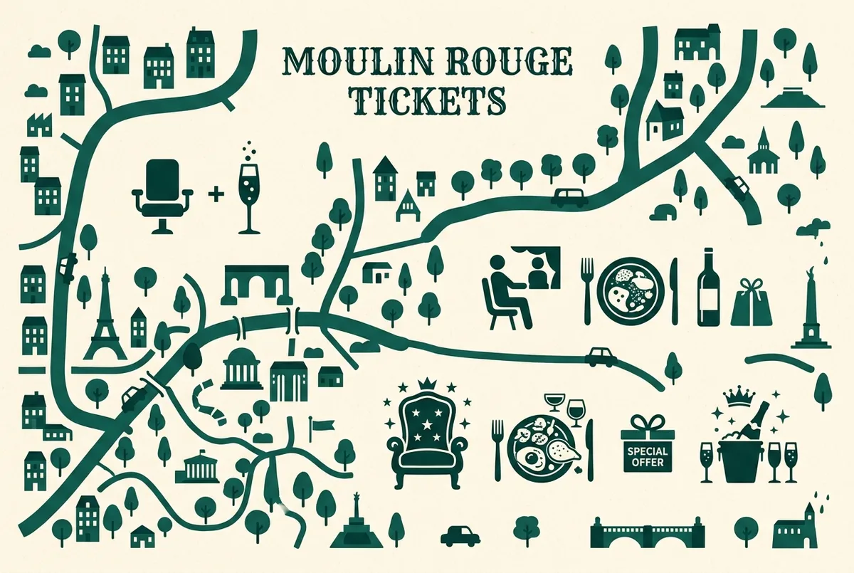 Infográfico simples em estilo plano comparando três faixas de bilhete do Moulin Rouge, show simples, jantar e show, e combo com transporte, com ícones genéricos de champanhe, um prato de jantar e um ônibus, sem preços ou números, espetaculo moulin rouge comparação de faixas de bilhete