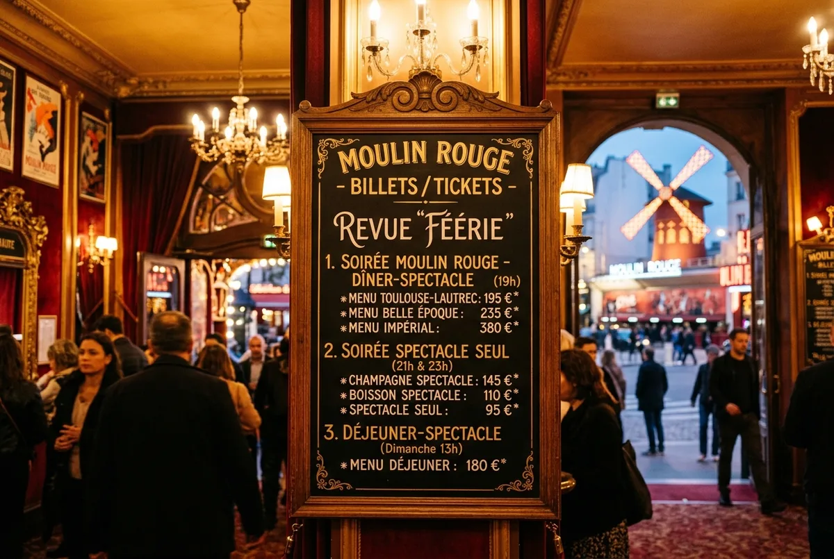 Elegant prisskylt som visar flera Moulin Rouge-biljettnivåer i en Pariskabarélobby i skymningen, varmt guldljus, moulin rouge pris översikt