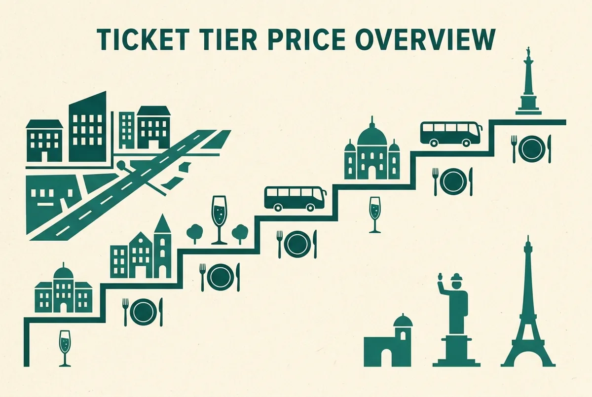Flat-style infografik som visar sju Moulin Rouge-biljettnivåer som stigande prissteg med generiska ikoner för champagne, en middagstallrik och en buss, inga riktiga priser visas, moulin rouge pris nivåjämförelse