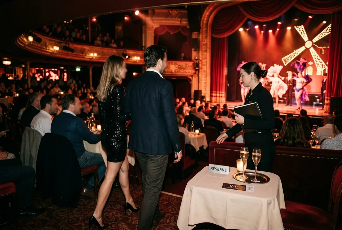 Gut gekleidetes Paar wird an einen reservierten Cabaret-Tisch nahe der Bühne im Moulin Rouge geführt, Champagnergläser auf dem Tisch, warmes rotes Bühnenlicht, moulin rouge tickets vip abend