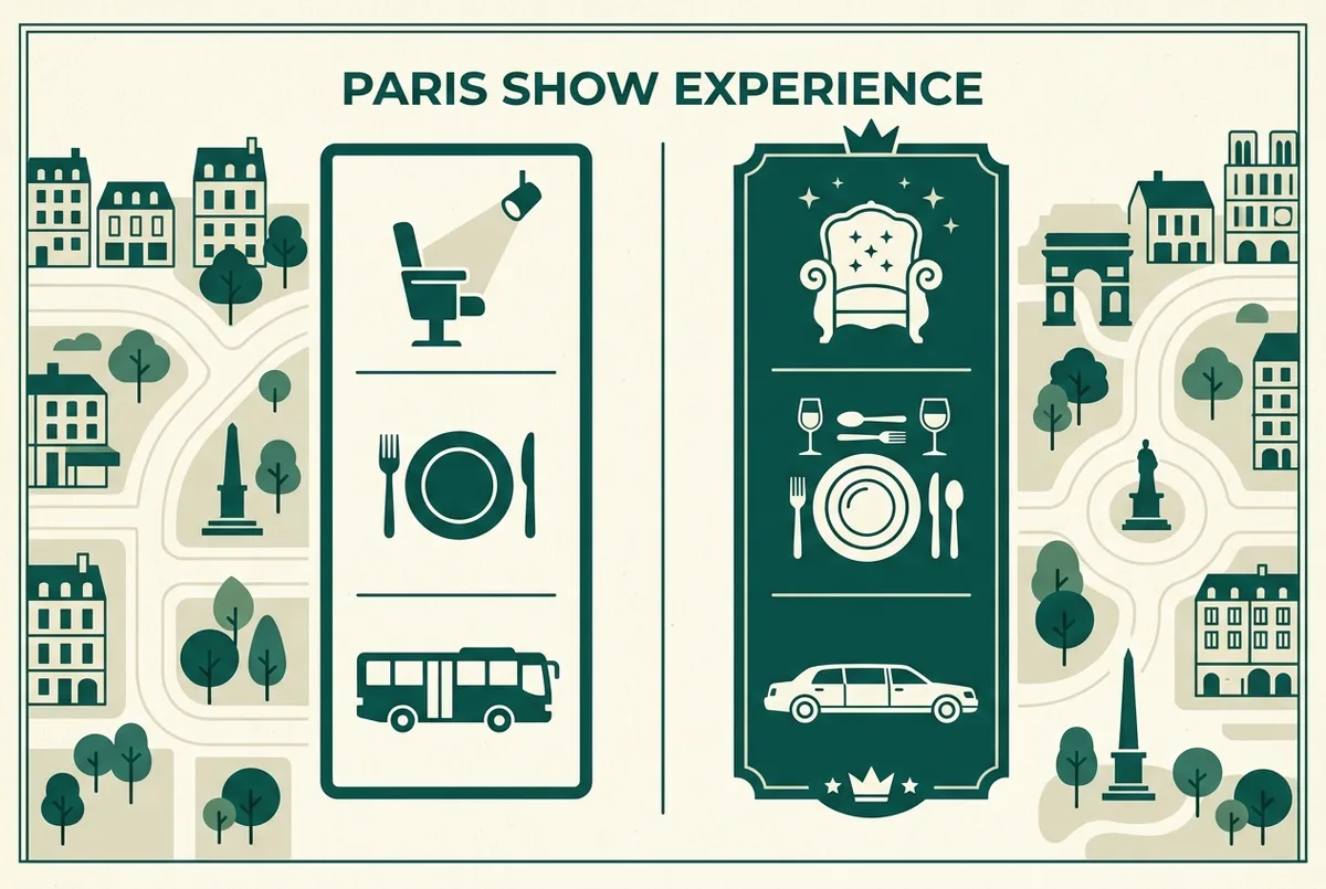 Einfache, flach gestaltete Infografik, die das Standard-Ticket mit dem vollständigsten Premium-Paket vergleicht, generische Icons für Sitzplatz, Menü und Reisebus, ohne Preise oder Behauptungen, moulin rouge vip paket vergleich