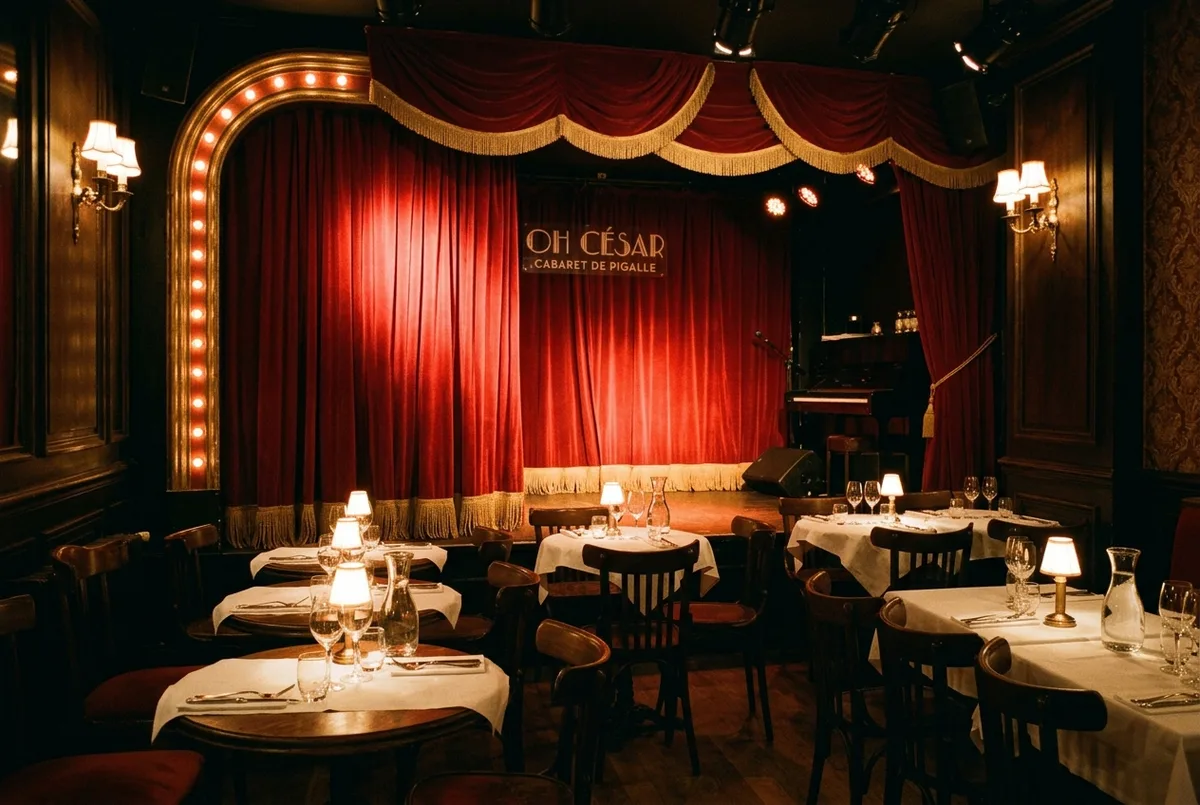Petite salle de cabaret intimiste à pigalle paris avec rideau de scène rouge et éclairage tamisé, quelques tables rondes dressées avant le service, ambiance de soirée, oh césar paris cabaret de pigalle